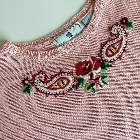Vintage mauve short-sleeve sweater with floral appliqué - Picture 2 of 6